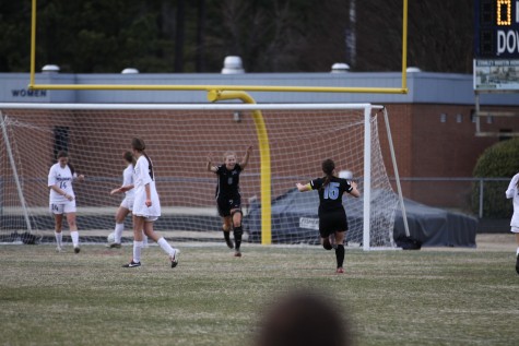 Emma Socha (6) and Justine James (15) celebrate a goal against Millbrook. Panther Creek won the match 3-0. 