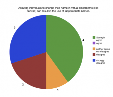 4 in 10 students polled agreed with the statement 'allowing individuals to change their name in virtual classrooms can result in the use of inappropriate names.' 1 in 10 had no opinion. 2 in 10 disagreed, and 3 in 10 strongly disagreed.