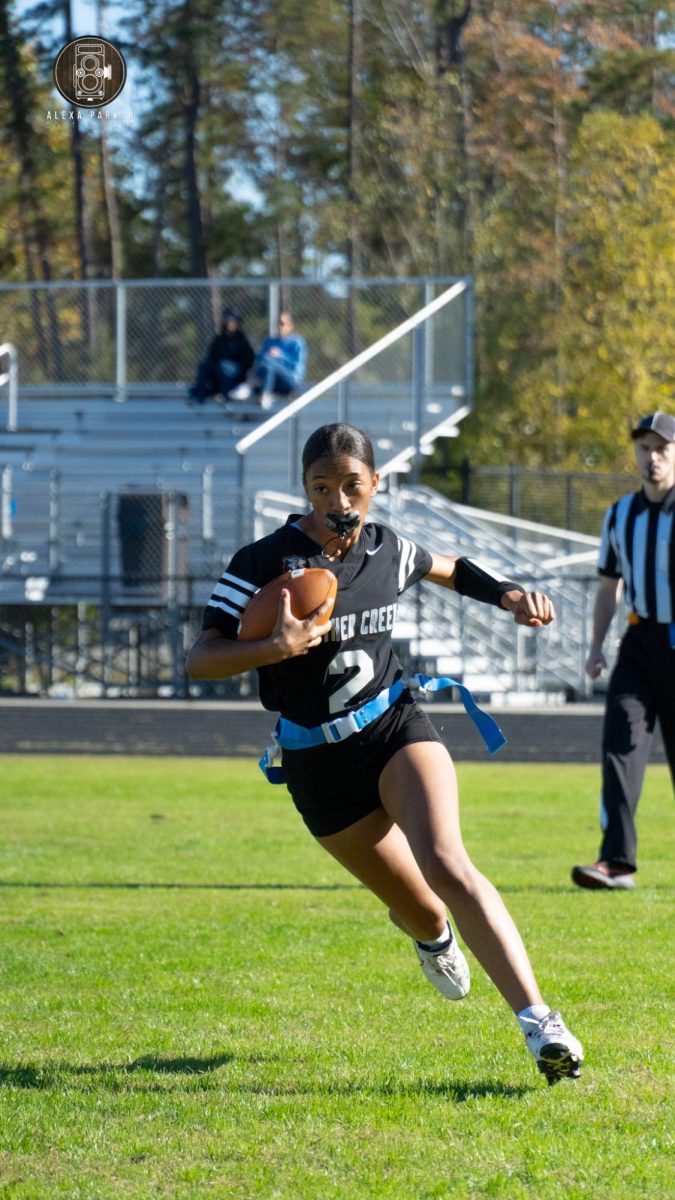 A player on the Panther Creek flag football team playing against Apex Friendship. 